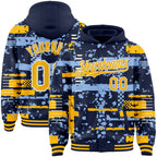 Custom Navy Gold Light Blue-White Abstract Fragment Shape 3D Pattern Design Bomber Full-Snap Varsity Letterman Hoodie Jacket