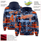 Custom Navy Orange Light Blue-White Abstract Fragment Shape 3D Pattern Design Bomber Full-Snap Varsity Letterman Hoodie Jacket