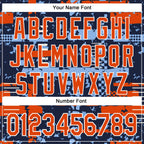 Custom Navy Orange Light Blue-White Abstract Fragment Shape 3D Pattern Design Bomber Full-Snap Varsity Letterman Hoodie Jacket