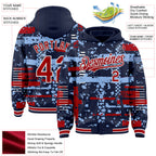 Custom Navy Red Light Blue-White Abstract Fragment Shape 3D Pattern Design Bomber Full-Snap Varsity Letterman Hoodie Jacket