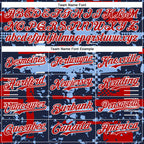 Custom Navy Red Light Blue-White Abstract Fragment Shape 3D Pattern Design Bomber Full-Snap Varsity Letterman Hoodie Jacket