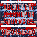 Custom Navy Red Light Blue-White Abstract Fragment Shape 3D Pattern Design Bomber Full-Snap Varsity Letterman Hoodie Jacket