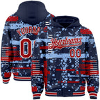 Custom Navy Red Light Blue-White Abstract Fragment Shape 3D Pattern Design Bomber Full-Snap Varsity Letterman Hoodie Jacket