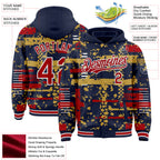 Custom Navy Red Old Gold-White Abstract Fragment Shape 3D Pattern Design Bomber Full-Snap Varsity Letterman Hoodie Jacket