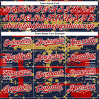 Custom Navy Red Old Gold-White Abstract Fragment Shape 3D Pattern Design Bomber Full-Snap Varsity Letterman Hoodie Jacket