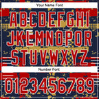 Custom Navy Red Old Gold-White Abstract Fragment Shape 3D Pattern Design Bomber Full-Snap Varsity Letterman Hoodie Jacket