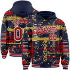 Custom Navy Red Old Gold-White Abstract Fragment Shape 3D Pattern Design Bomber Full-Snap Varsity Letterman Hoodie Jacket