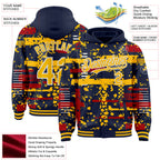 Custom Navy Gold Red-White Abstract Fragment Shape 3D Pattern Design Bomber Full-Snap Varsity Letterman Hoodie Jacket