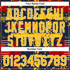 Custom Navy Gold Red-White Abstract Fragment Shape 3D Pattern Design Bomber Full-Snap Varsity Letterman Hoodie Jacket