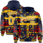 Custom Navy Gold Red-White Abstract Fragment Shape 3D Pattern Design Bomber Full-Snap Varsity Letterman Hoodie Jacket