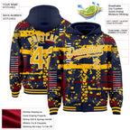 Custom Navy Gold Crimson-White Abstract Fragment Shape 3D Pattern Design Bomber Full-Snap Varsity Letterman Hoodie Jacket