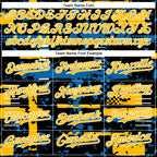 Custom Black Gold Blue-White Abstract Fragment Shape 3D Pattern Design Bomber Full-Snap Varsity Letterman Hoodie Jacket