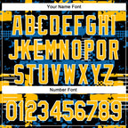 Custom Black Gold Blue-White Abstract Fragment Shape 3D Pattern Design Bomber Full-Snap Varsity Letterman Hoodie Jacket