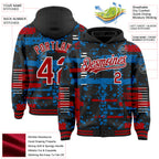 Custom Black Red Blue-White Abstract Fragment Shape 3D Pattern Design Bomber Full-Snap Varsity Letterman Hoodie Jacket