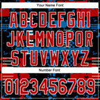 Custom Black Red Blue-White Abstract Fragment Shape 3D Pattern Design Bomber Full-Snap Varsity Letterman Hoodie Jacket