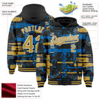 Custom Black Old Gold Blue-White Abstract Fragment Shape 3D Pattern Design Bomber Full-Snap Varsity Letterman Hoodie Jacket