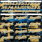 Custom Black Old Gold Blue-White Abstract Fragment Shape 3D Pattern Design Bomber Full-Snap Varsity Letterman Hoodie Jacket