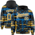 Custom Black Old Gold Blue-White Abstract Fragment Shape 3D Pattern Design Bomber Full-Snap Varsity Letterman Hoodie Jacket