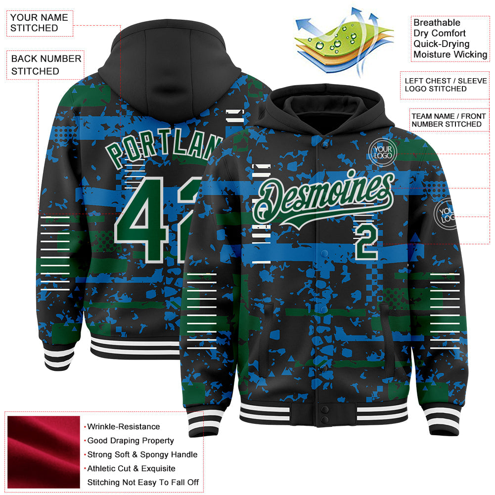 Custom Black Kelly Green Blue-White Abstract Fragment Shape 3D Pattern Design Bomber Full-Snap Varsity Letterman Hoodie Jacket
