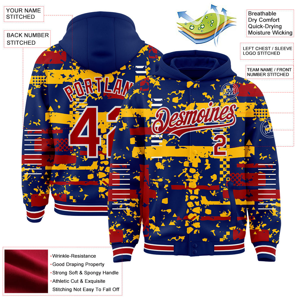 Custom Royal Red Gold-White Abstract Fragment Shape 3D Pattern Design Bomber Full-Snap Varsity Letterman Hoodie Jacket