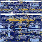 Custom Royal Light Blue Old Gold-White Abstract Fragment Shape 3D Pattern Design Bomber Full-Snap Varsity Letterman Hoodie Jacket
