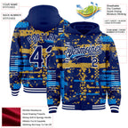 Custom Royal Powder Blue Old Gold-White Abstract Fragment Shape 3D Pattern Design Bomber Full-Snap Varsity Letterman Hoodie Jacket