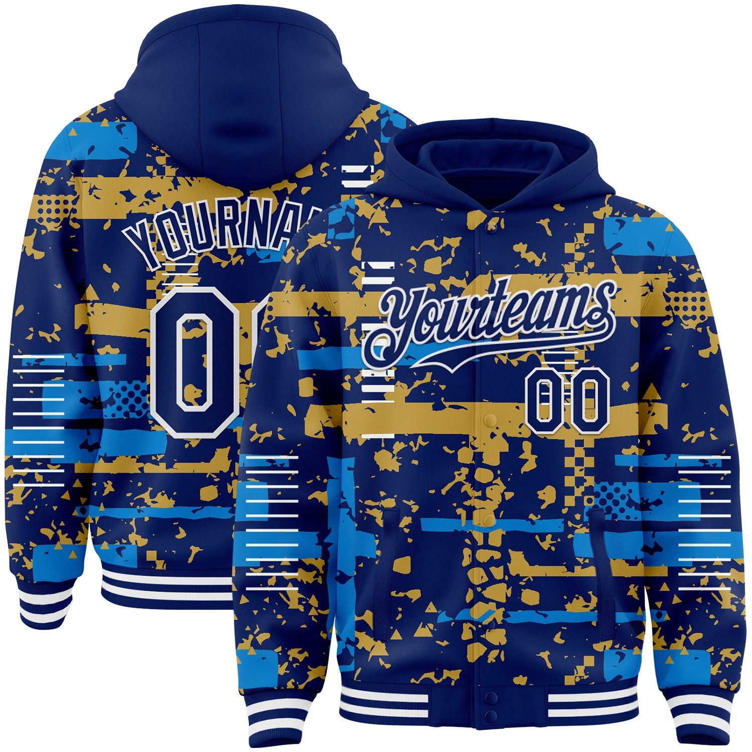 Custom Royal Powder Blue Old Gold-White Abstract Fragment Shape 3D Pattern Design Bomber Full-Snap Varsity Letterman Hoodie Jacket