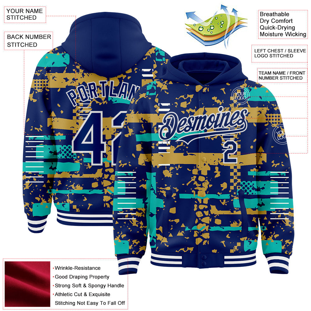 Custom Royal Aqua Old Gold-White Abstract Fragment Shape 3D Pattern Design Bomber Full-Snap Varsity Letterman Hoodie Jacket