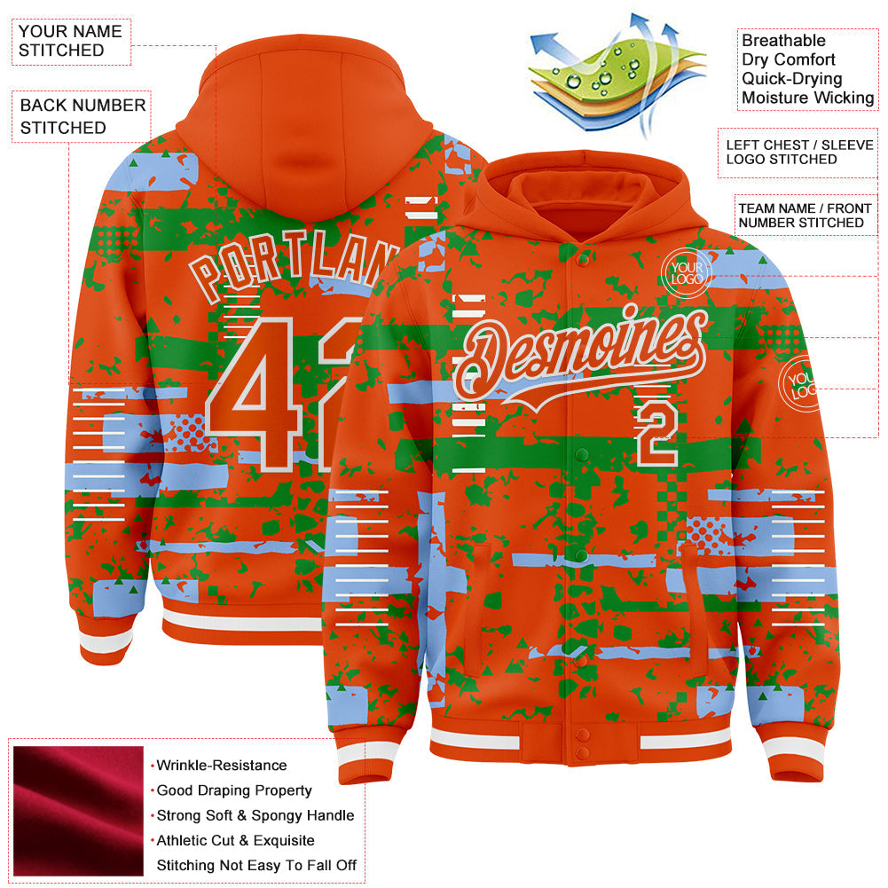 Custom Orange Light Blue Grass Green-White Abstract Fragment Shape 3D Pattern Design Bomber Full-Snap Varsity Letterman Hoodie Jacket
