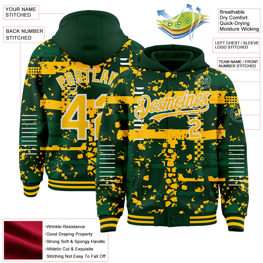 Custom Green Gold Kelly Green-White Abstract Fragment Shape 3D Pattern Design Bomber Full-Snap Varsity Letterman Hoodie Jacket