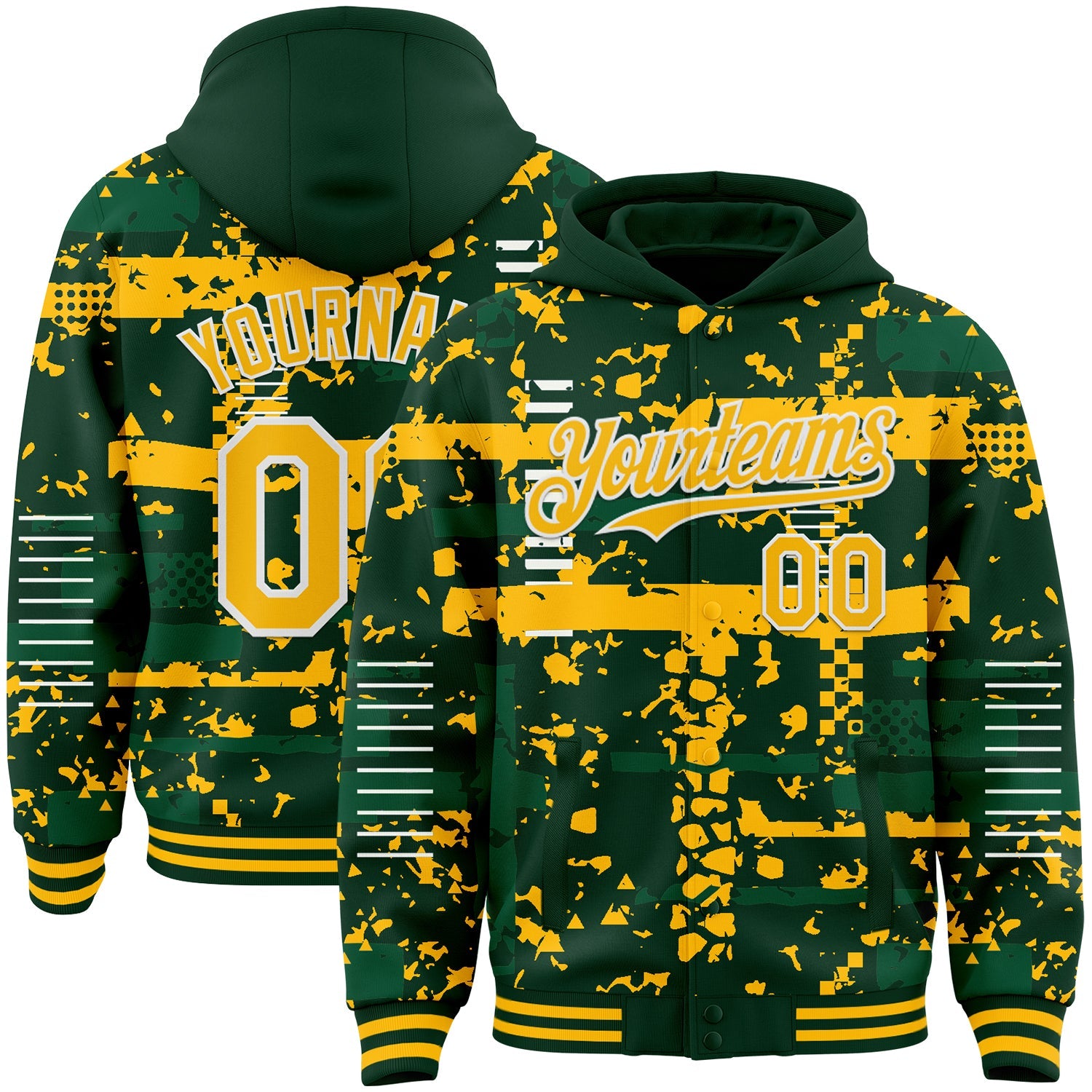 Custom Green Gold Kelly Green-White Abstract Fragment Shape 3D Pattern Design Bomber Full-Snap Varsity Letterman Hoodie Jacket