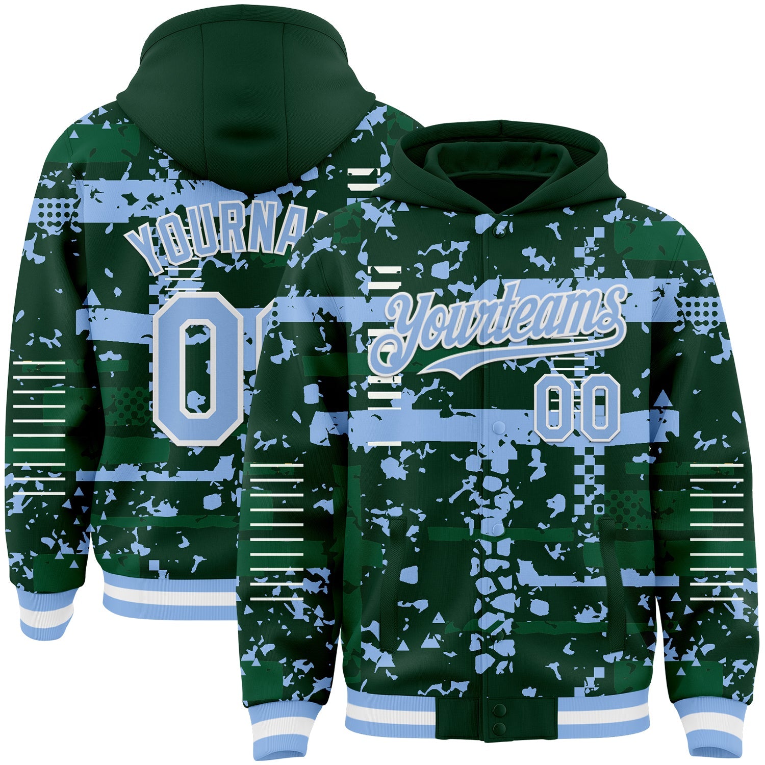 Custom Green Light Blue Kelly Green-White Abstract Fragment Shape 3D Pattern Design Bomber Full-Snap Varsity Letterman Hoodie Jacket