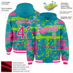 Custom Teal Pink Neon Green-White Abstract Fragment Shape 3D Pattern Design Bomber Full-Snap Varsity Letterman Hoodie Jacket