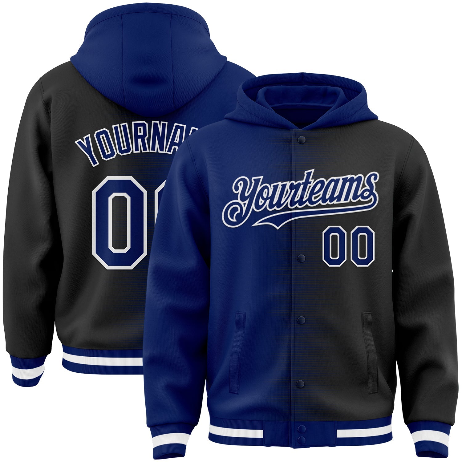 Custom Royal Black-White Gradient Line Bomber Full-Snap Varsity Letterman Hoodie Jacket