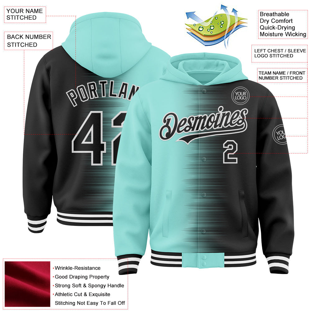 Custom Ice Blue Black-White Gradient Line Bomber Full-Snap Varsity Letterman Hoodie Jacket