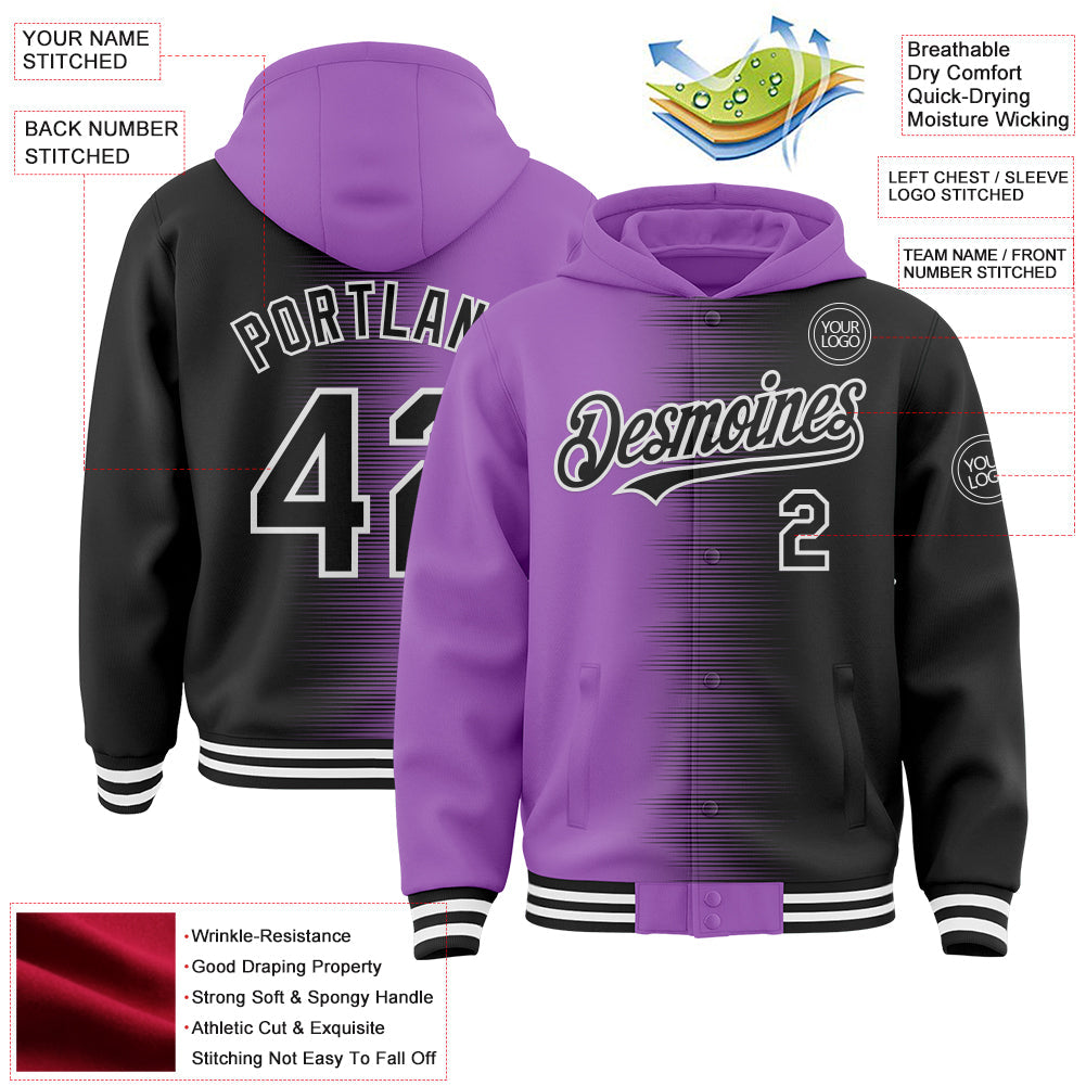 Custom Medium Purple Black-White Gradient Line Bomber Full-Snap Varsity Letterman Hoodie Jacket