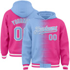 Custom Light Blue Pink-White Gradient Line Bomber Full-Snap Varsity Letterman Hoodie Jacket