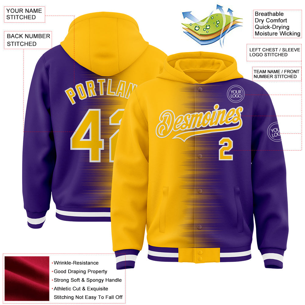 Custom Gold Purple-White Gradient Line Bomber Full-Snap Varsity Letterman Hoodie Jacket
