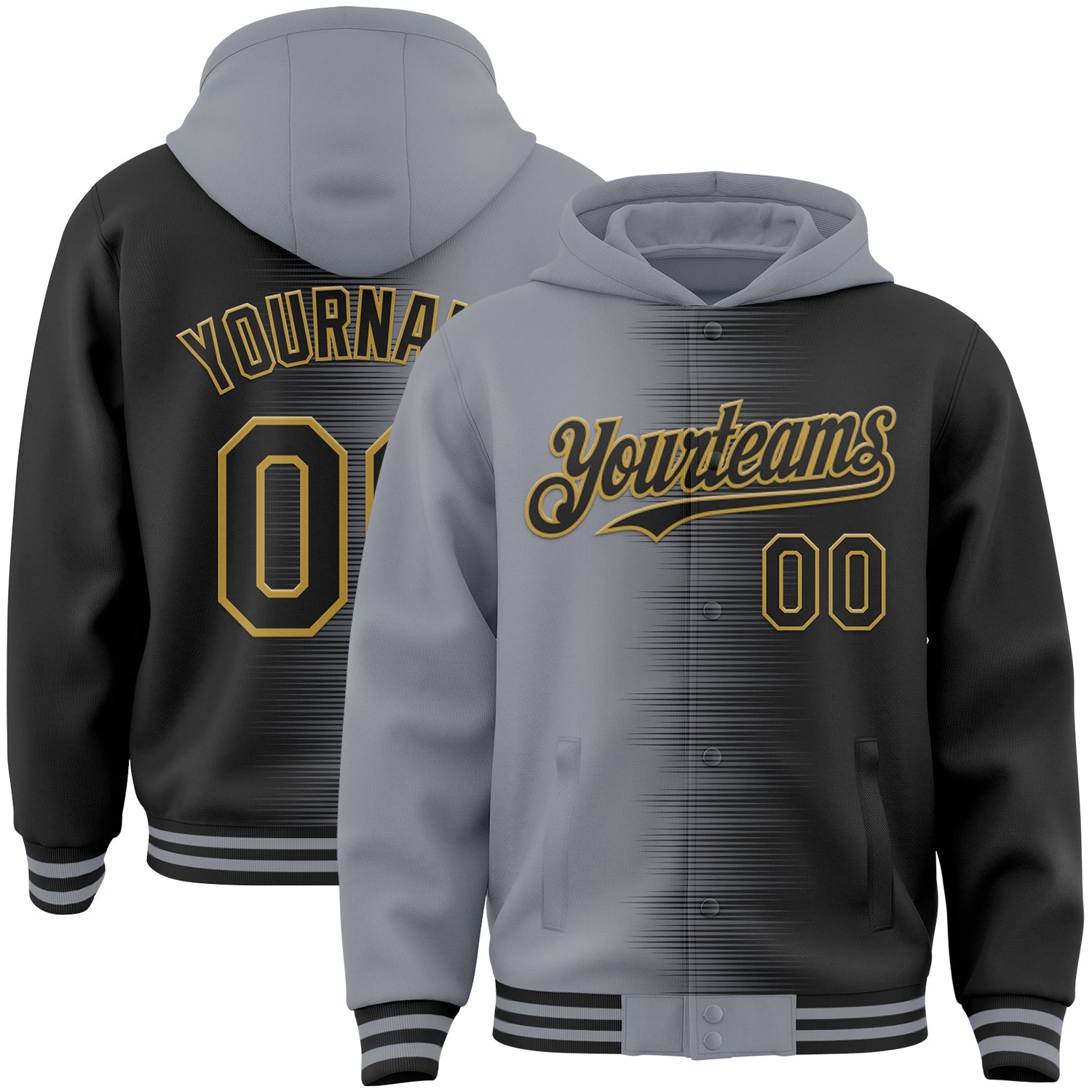 Custom Gray Black-Old Gold Gradient Line Bomber Full-Snap Varsity Letterman Hoodie Jacket