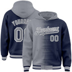 Custom Gray Navy-White Gradient Line Bomber Full-Snap Varsity Letterman Hoodie Jacket