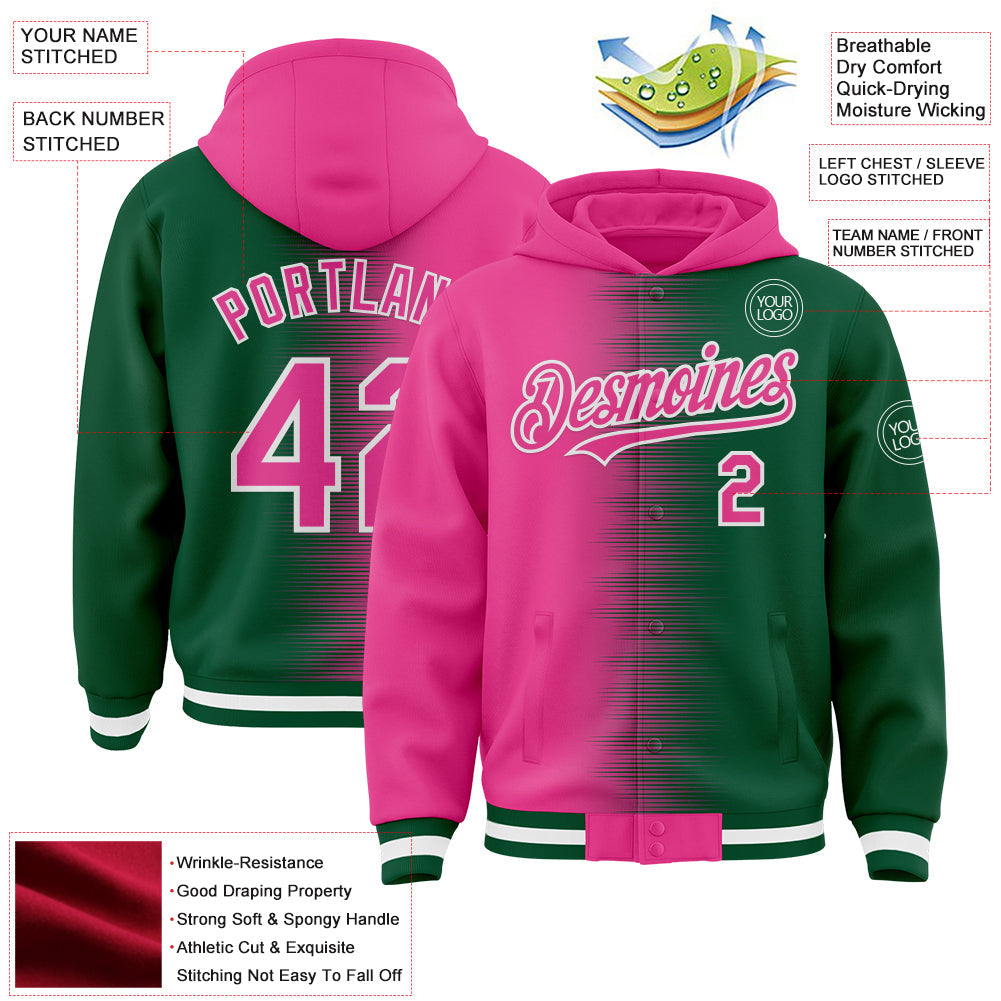 Custom Pink Kelly Green-White Gradient Line Bomber Full-Snap Varsity Letterman Hoodie Jacket