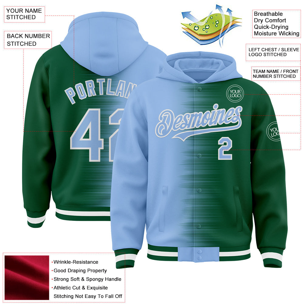 Custom Light Blue Kelly Green-White Gradient Line Bomber Full-Snap Varsity Letterman Hoodie Jacket