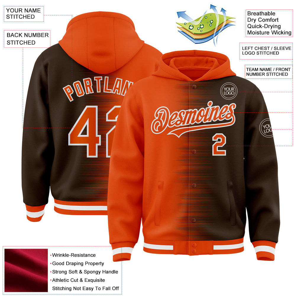 Custom Orange Brown-White Gradient Line Bomber Full-Snap Varsity Letterman Hoodie Jacket