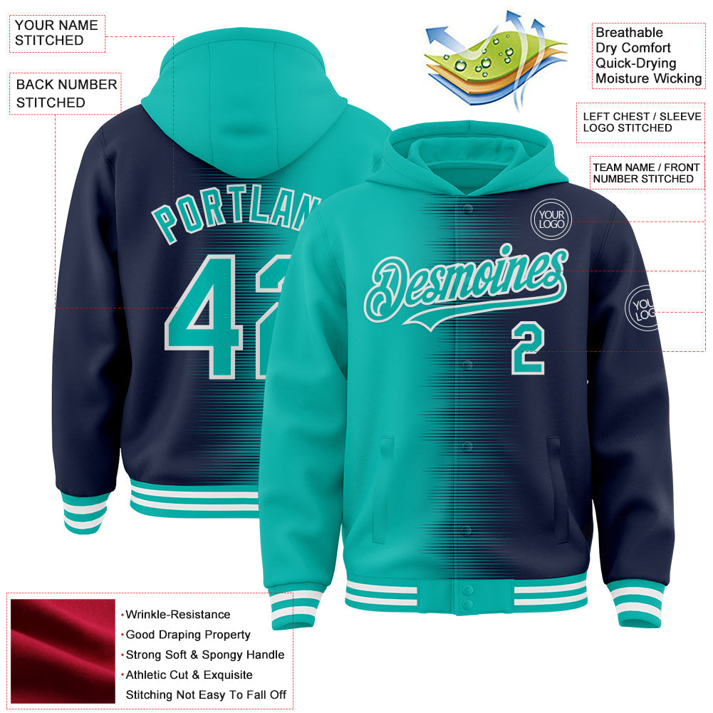 Custom Aqua Navy-White Gradient Line Bomber Full-Snap Varsity Letterman Hoodie Jacket