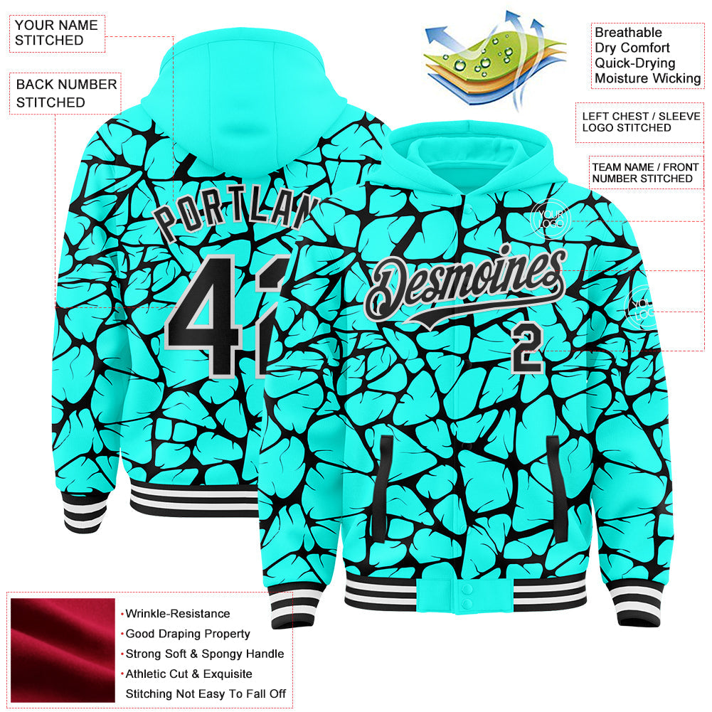 Custom Aqua Black-White Abstract Network 3D Pattern Design Bomber Full-Snap Varsity Letterman Hoodie Jacket