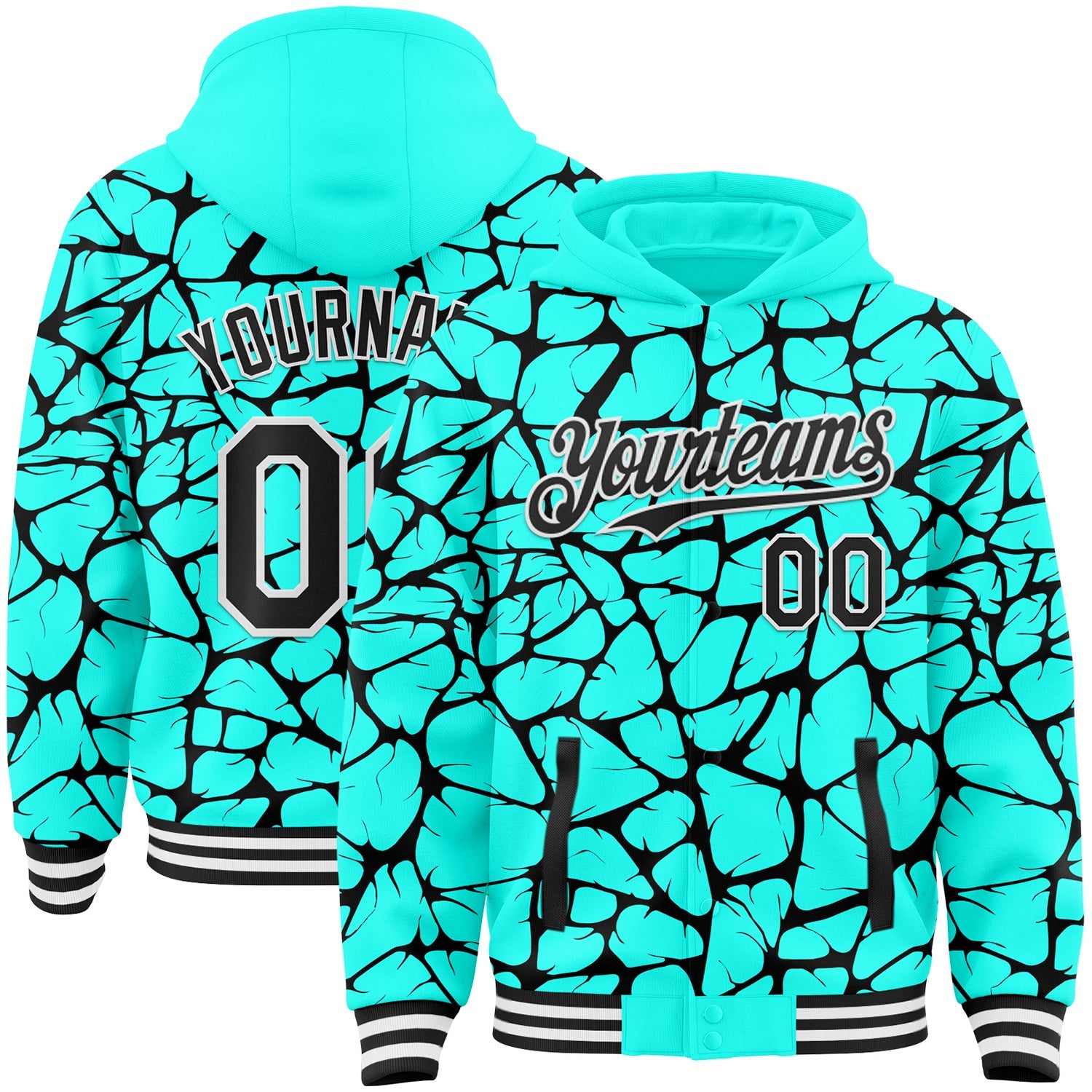 Custom Aqua Black-White Abstract Network 3D Pattern Design Bomber Full-Snap Varsity Letterman Hoodie Jacket