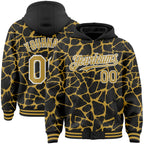 Custom Black Old Gold-White Abstract Network 3D Pattern Design Bomber Full-Snap Varsity Letterman Hoodie Jacket
