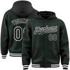 Custom Black Green-White Abstract Network 3D Pattern Design Bomber Full-Snap Varsity Letterman Hoodie Jacket