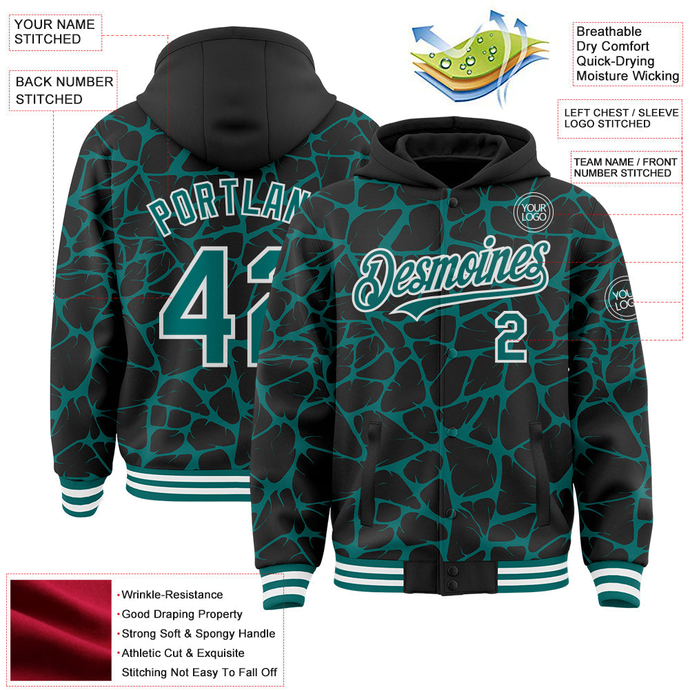 Custom Black Teal-White Abstract Network 3D Pattern Design Bomber Full-Snap Varsity Letterman Hoodie Jacket