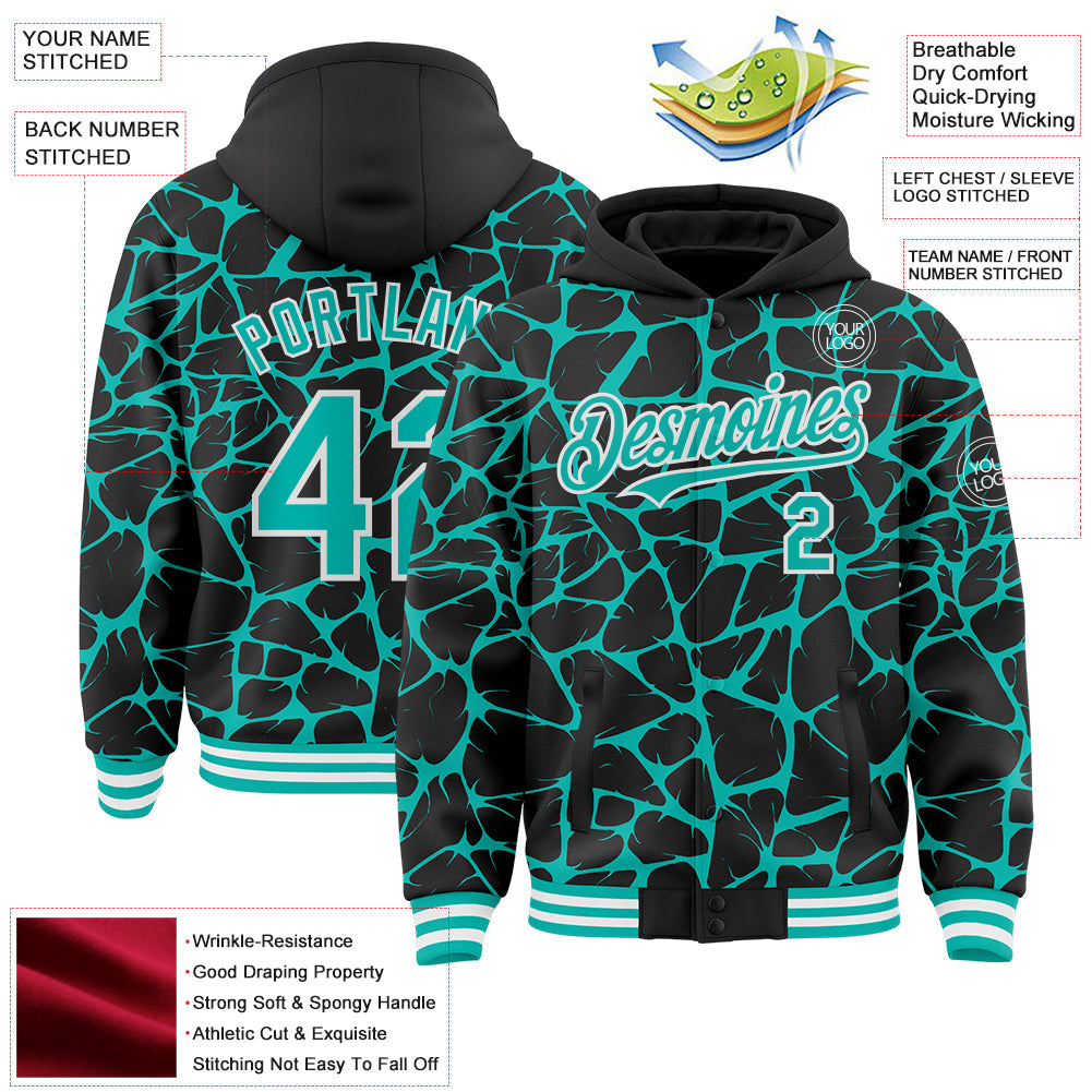 Custom Black Aqua-White Abstract Network 3D Pattern Design Bomber Full-Snap Varsity Letterman Hoodie Jacket